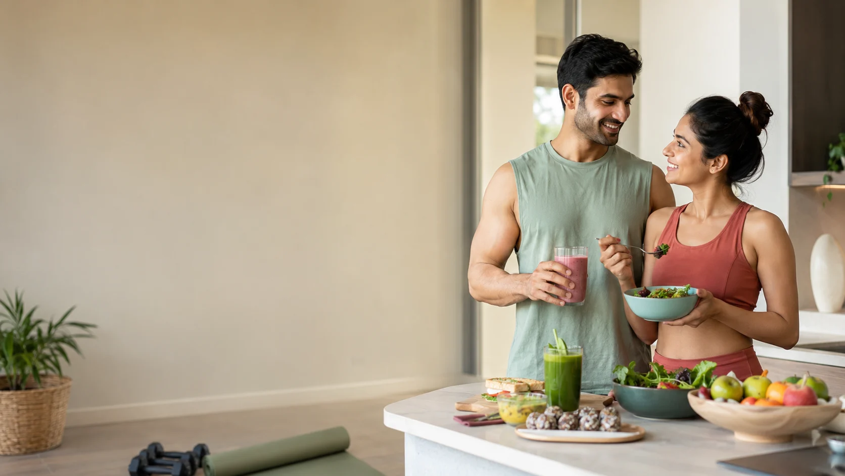 Active couple enjoying healthy food and smoothies at home