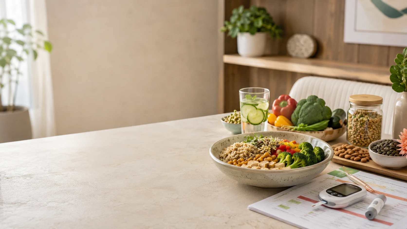 Balanced meal with fresh ingredients and diabetes diet planning tools